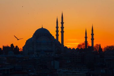 Günbatımı İstanbul, Türkiye 'de Süleyman Camii (Osmanlı İmparatorluğu Camii) ile birlikte. İstanbul 'daki Galata Köprüsü' nden görüntü.