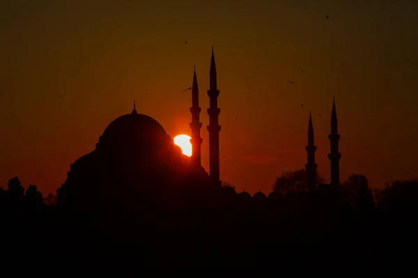 Naplemente Isztambulban Törökország Szulejmán Mecset Oszmán Császári Mecset Kilátás Galata — Stock Fotó