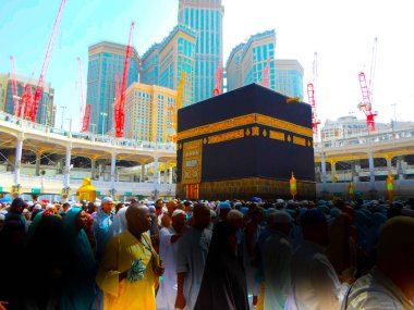 Mekke Suudi Arabistan. Müslüman insanlar kutsal bir yerde birlikte dua ediyorlar..