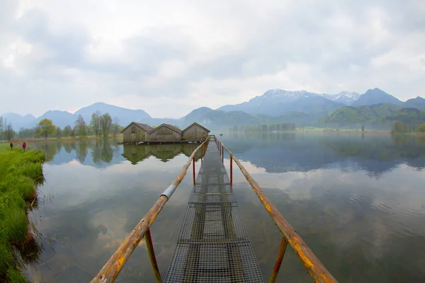 Almanya 'da gün batımında Bavyera Alplerinde sonbahar renklerinde güzel Kochelsee (Kochel Gölü)