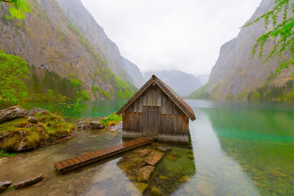 Vista Idílica Tradicional Casa Barco Madeira Velha Cénico Lago Obersee — Fotografia de Stock