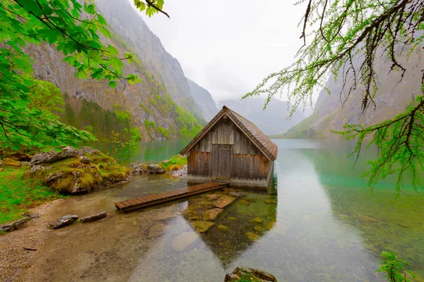 Vista Idílica Tradicional Casa Barco Madeira Velha Cénico Lago Obersee — Fotografia de Stock