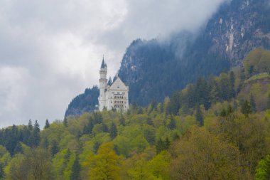 Dünyaca ünlü Neuschwanstein Kalesi 'nin güzel manzarası, 19. yüzyıl Romanesk Diriliş Sarayı Kral II. Ludwig için Almanya' nın güneybatı Bavyera, Fussen yakınlarındaki engebeli bir uçuruma inşa edildi..