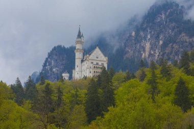 Dünyaca ünlü Neuschwanstein Kalesi 'nin güzel manzarası, 19. yüzyıl Romanesk Diriliş Sarayı Kral II. Ludwig için Almanya' nın güneybatı Bavyera, Fussen yakınlarındaki engebeli bir uçuruma inşa edildi..