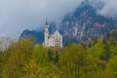 Dünyaca ünlü Neuschwanstein Kalesi 'nin güzel manzarası, 19. yüzyıl Romanesk Diriliş Sarayı Kral II. Ludwig için Almanya' nın güneybatı Bavyera, Fussen yakınlarındaki engebeli bir uçuruma inşa edildi..