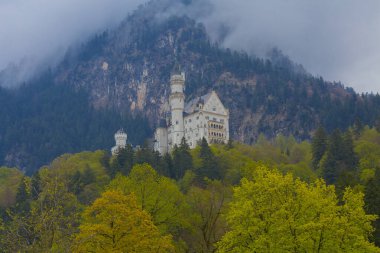 Dünyaca ünlü Neuschwanstein Kalesi 'nin güzel manzarası, 19. yüzyıl Romanesk Diriliş Sarayı Kral II. Ludwig için Almanya' nın güneybatı Bavyera, Fussen yakınlarındaki engebeli bir uçuruma inşa edildi..