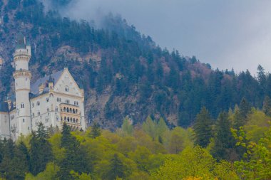 Dünyaca ünlü Neuschwanstein Kalesi 'nin güzel manzarası, 19. yüzyıl Romanesk Diriliş Sarayı Kral II. Ludwig için Almanya' nın güneybatı Bavyera, Fussen yakınlarındaki engebeli bir uçuruma inşa edildi..