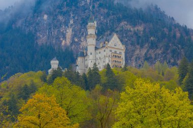 Dünyaca ünlü Neuschwanstein Kalesi 'nin güzel manzarası, 19. yüzyıl Romanesk Diriliş Sarayı Kral II. Ludwig için Almanya' nın güneybatı Bavyera, Fussen yakınlarındaki engebeli bir uçuruma inşa edildi..