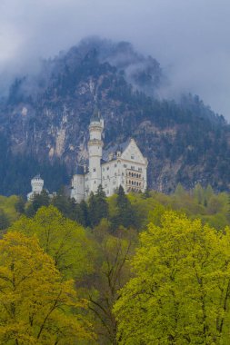 Dünyaca ünlü Neuschwanstein Kalesi 'nin güzel manzarası, 19. yüzyıl Romanesk Diriliş Sarayı Kral II. Ludwig için Almanya' nın güneybatı Bavyera, Fussen yakınlarındaki engebeli bir uçuruma inşa edildi..