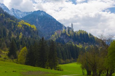 Dünyaca ünlü Neuschwanstein Kalesi 'nin güzel manzarası, 19. yüzyıl Romanesk Diriliş Sarayı Kral II. Ludwig için Almanya' nın güneybatı Bavyera, Fussen yakınlarındaki engebeli bir uçuruma inşa edildi..