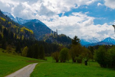 Dünyaca ünlü Neuschwanstein Kalesi 'nin güzel manzarası, 19. yüzyıl Romanesk Diriliş Sarayı Kral II. Ludwig için Almanya' nın güneybatı Bavyera, Fussen yakınlarındaki engebeli bir uçuruma inşa edildi..