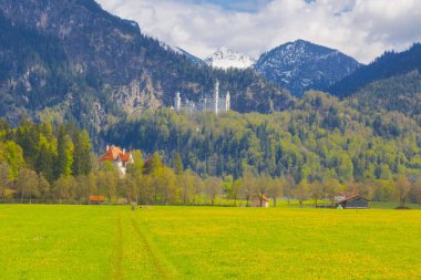 Dünyaca ünlü Neuschwanstein Kalesi 'nin güzel manzarası, 19. yüzyıl Romanesk Diriliş Sarayı Kral II. Ludwig için Almanya' nın güneybatı Bavyera, Fussen yakınlarındaki engebeli bir uçuruma inşa edildi..
