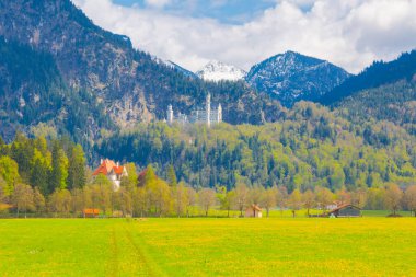 Dünyaca ünlü Neuschwanstein Kalesi 'nin güzel manzarası, 19. yüzyıl Romanesk Diriliş Sarayı Kral II. Ludwig için Almanya' nın güneybatı Bavyera, Fussen yakınlarındaki engebeli bir uçuruma inşa edildi..