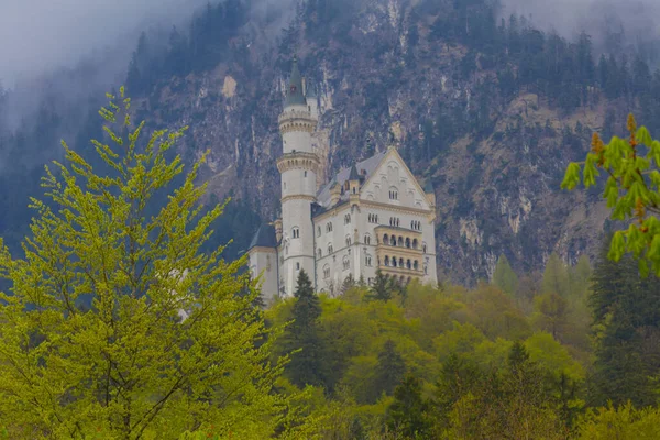Dünyaca ünlü Neuschwanstein Kalesi 'nin güzel manzarası, 19. yüzyıl Romanesk Diriliş Sarayı Kral II. Ludwig için Almanya' nın güneybatı Bavyera, Fussen yakınlarındaki engebeli bir uçuruma inşa edildi..