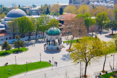 Havadan Ayasofya ve Sultanahmet Meydanı ve güzel lale çiçekleri