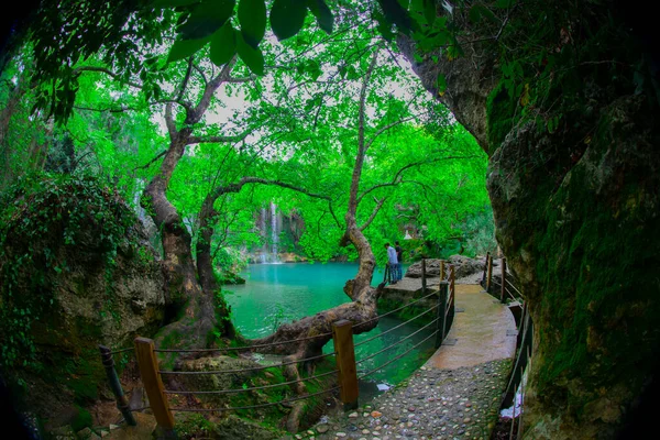 Uma Foto Olhando Através Dos Três Para Cachoeira Tranquila Kursunlu — Fotografia de Stock