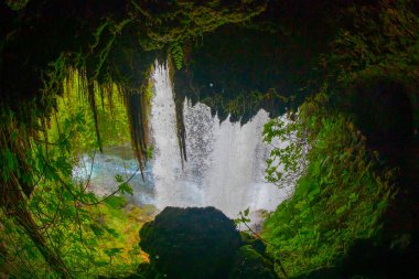 Duden şelalesi Antalya hindisi. Yeşil ağaçlı vahşi yaz. Duden Şelalesi 'nde panoramik manzara. Açık hava şelalesi. Hindi doğa manzarası. Şelale ormanı doğası. Antalya Doğal Parkı