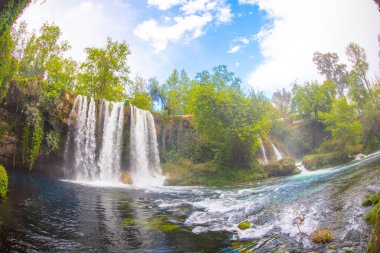 Duden şelalesi Antalya hindisi. Yeşil ağaçlı vahşi yaz. Duden Şelalesi 'nde panoramik manzara. Açık hava şelalesi. Hindi doğa manzarası. Şelale ormanı doğası. Antalya Doğal Parkı
