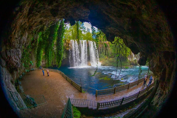 Duden waterfall Antalya Turkey. Summer wild nature with green trees. Panoramic view on Duden Waterfall. Outdoor forest waterfall. Turkey nature landscape. Waterfall forest nature. Antalya natural park