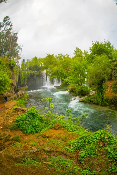 ドゥーデン滝 アンタルヤトルコ 緑の木と夏の野生の自然 大殿の滝のパノラマビュー 屋外の森の滝 トルコの自然景観 滝の森の自然 アンタルヤ自然公園 — ストック写真