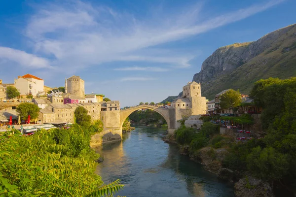 stock image Fantastic Skyline of Mostar with the Mostar Bridge, houses and minarets, during sunny day. Location: Mostar, Old Town, Bosnia and Herzegovina, Europe