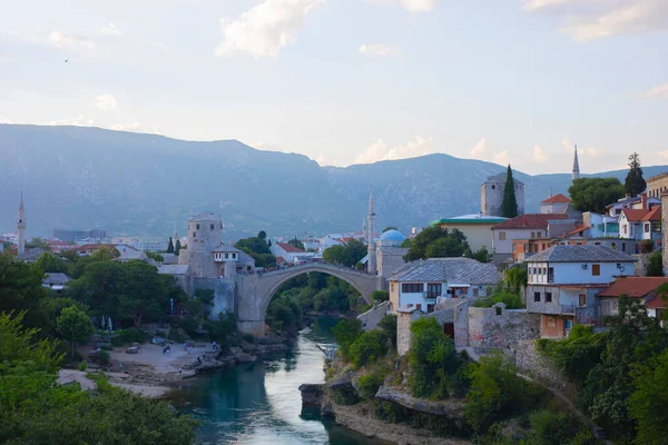 Historical Stari Most Bridge Neretva River Mostar Old Town Balkan — Stock Photo, Image