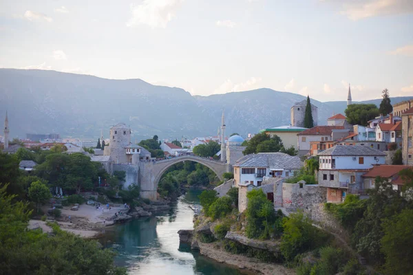 Historical Stari Most Bridge Neretva River Mostar Old Town Balkan — Stockfoto