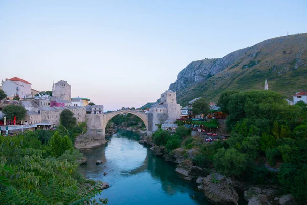 Historical Stari Most Bridge Neretva River Mostar Old Town Balkan — Stockfoto