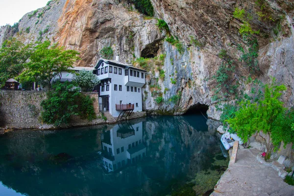 Kleines Dorf Blagaj Auf Buna Quelle Und Wasserfall Bosnien Und — Stockfoto