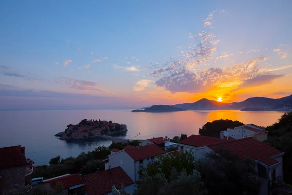 Pohled Západ Slunce Nad Sveti Stefan Malý Ostrůvek Letovisko Černé — Stock fotografie