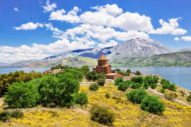 Ermeni Kutsal Haç Katedrali Akdamar Adası 'nın ortasında çiçek açmış ağaçlarla çevrili.)