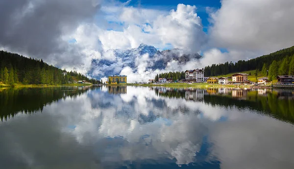 Panoramic Morning View Misurina Village National Park Tre Cime Lavaredo — Stock Photo, Image