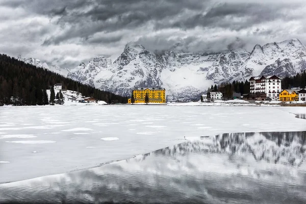 Panoramic Morning View Misurina Village National Park Tre Cime Lavaredo — Stock Photo, Image