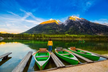Hintersee, Bavaria. Wonderful autumn sunset of Hintersee lake. Amazing sunlgiht view of Bavarian Alps, Germany, Europe. Beauty of nature concept background.