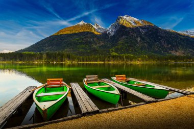 Hintersee, Bavaria. Wonderful autumn sunset of Hintersee lake. Amazing sunlgiht view of Bavarian Alps, Germany, Europe. Beauty of nature concept background.