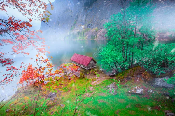 Wooden Houses Banks Konigsee Lake — Zdjęcie stockowe