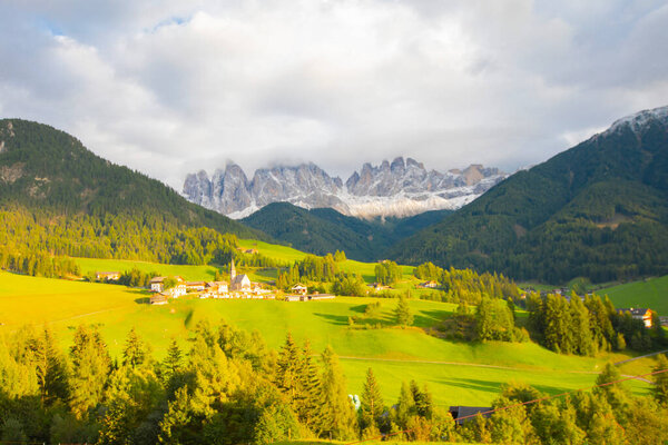 Chiesa di Santa Maddalena church, Kirche St. Magdalena, in Val di Funes valley of Dolomites, Dolomiti mountain, Santa Magdalena Alta, South Tyrol, Italy