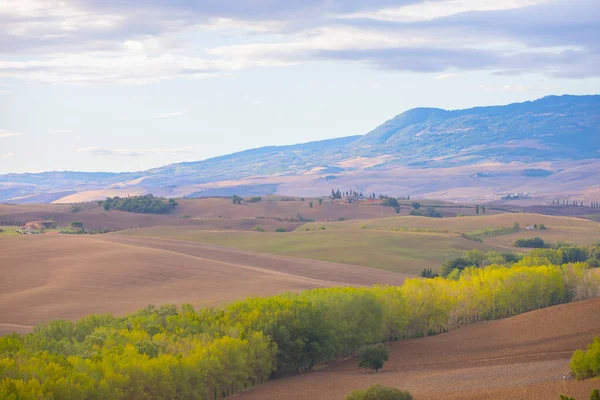 Tuscany Landskap Vid Soluppgång Med Ett Litet Kapell Madonna Vitaleta — Stockfoto