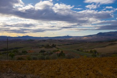 Yazın tipik Toskana manzarası, ekili tarlaları, şarap bahçeleri, selvi ağaçları ve Montepulciano ve Montalcino yakınlarındaki bir tepe ve vadi arazisindeki eski çiftlik binaları, Val d 'Orcia, İtalya