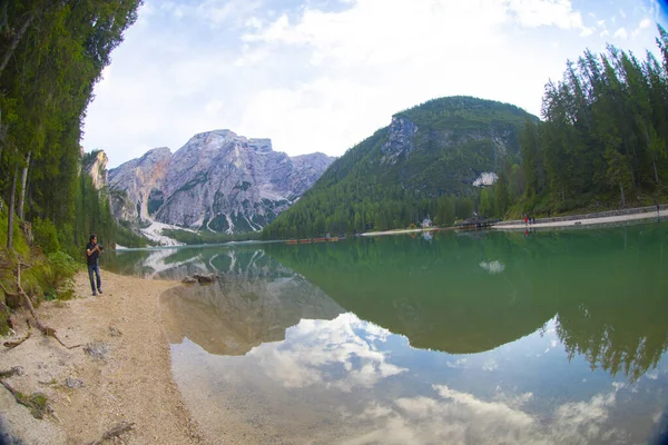 Pragser Wildsee Lago Braies Alpes Italianos Dolomitas Patrimonio Humanidad Por —  Fotos de Stock