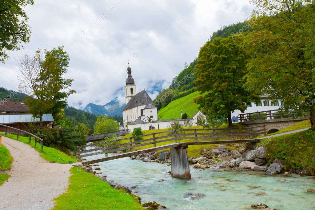 Berchtesgaden National Park, Germany. Parish Church of St. Sebastian in the village of Ramsau