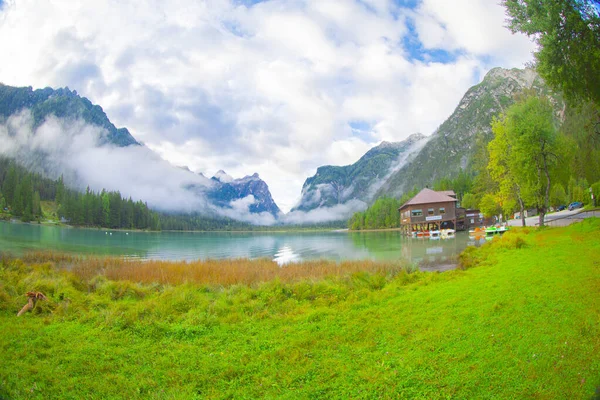 Lake Toblacher See Italian Lago Dobbiaco Toblach Italy — Stockfoto