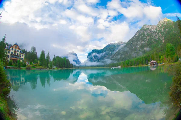 Lake Toblacher See Italian Lago Dobbiaco Toblach Italy — Foto de Stock