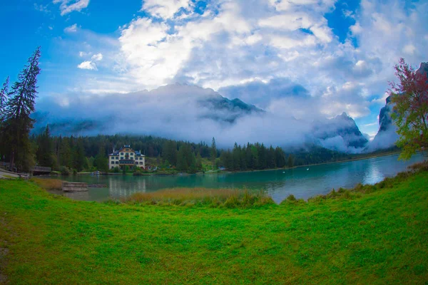 Lake Toblacher See Italian Lago Dobbiaco Toblach Italy — Stockfoto