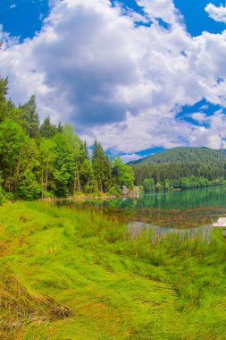 Savsat Karagol Black lake in Black Sea region with morning evaporation. Savsat Karagol lake is a large trout lake in the forest in Artvin