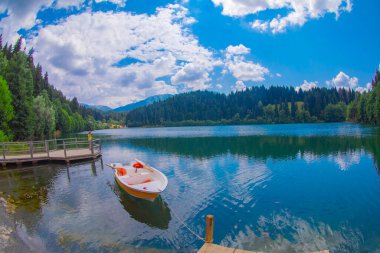 Karadeniz bölgesinde sabah buharlaşmasıyla Savsat Karagol Gölü. Savsat Karagol Gölü, Artvin ormanında büyük bir alabalık gölüdür.