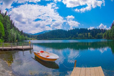 Karadeniz bölgesinde sabah buharlaşmasıyla Savsat Karagol Gölü. Savsat Karagol Gölü, Artvin ormanında büyük bir alabalık gölüdür.