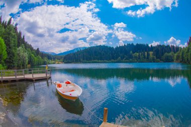 Karadeniz bölgesinde sabah buharlaşmasıyla Savsat Karagol Gölü. Savsat Karagol Gölü, Artvin ormanında büyük bir alabalık gölüdür.