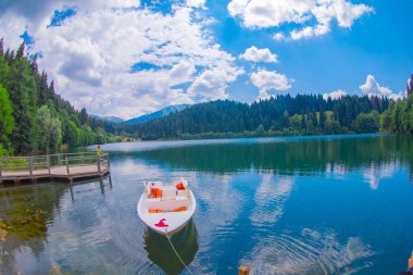 Karadeniz bölgesinde sabah buharlaşmasıyla Savsat Karagol Gölü. Savsat Karagol Gölü, Artvin ormanında büyük bir alabalık gölüdür.
