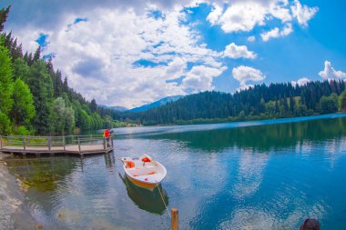 Karadeniz bölgesinde sabah buharlaşmasıyla Savsat Karagol Gölü. Savsat Karagol Gölü, Artvin ormanında büyük bir alabalık gölüdür.